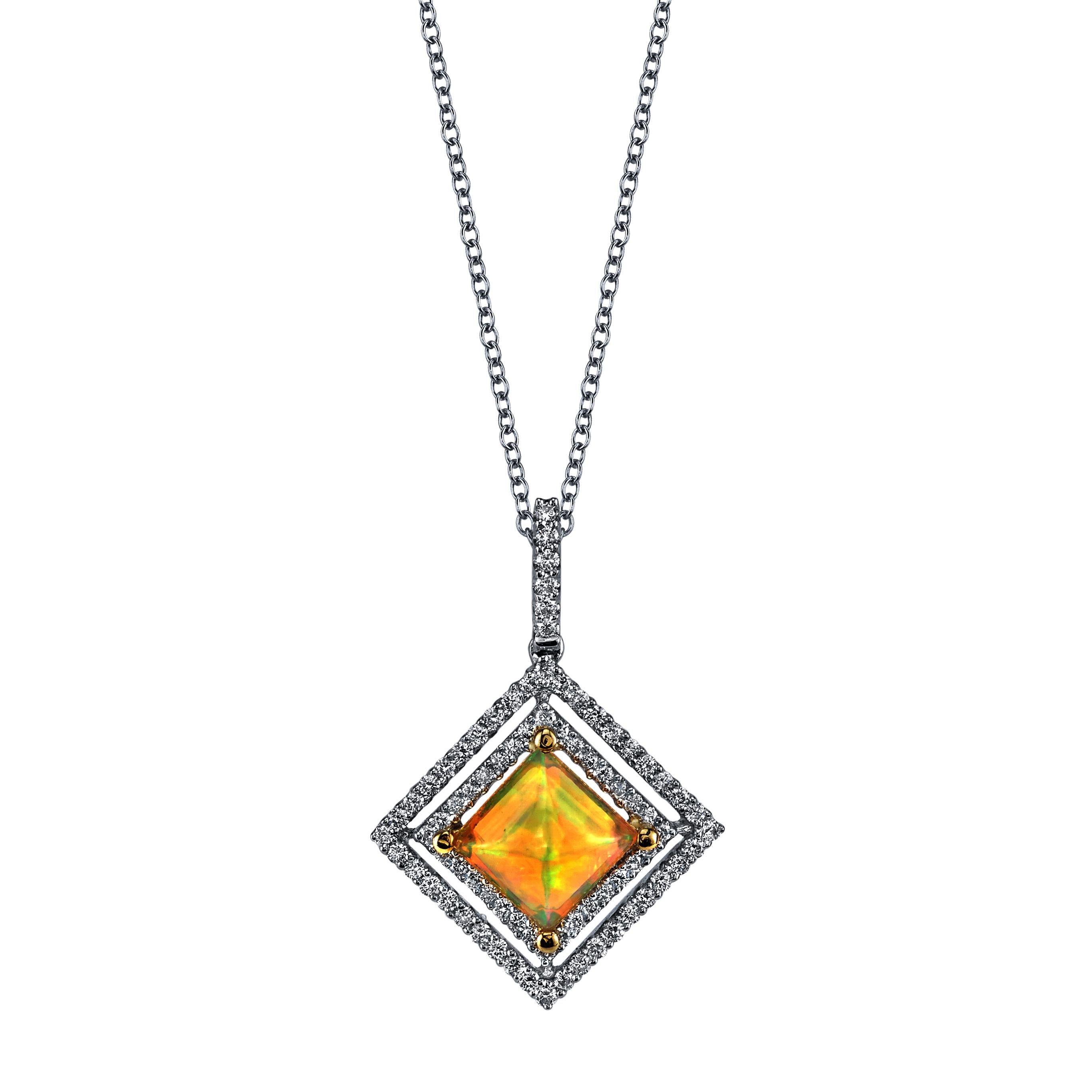 Opals are nature's kaleidoscope and as such, they go with any color of clothing and all complexions! This necklace features a beautiful golden Ethiopian opal cabochon with an unusual square shape, framed by a brilliant double halo of white diamonds.