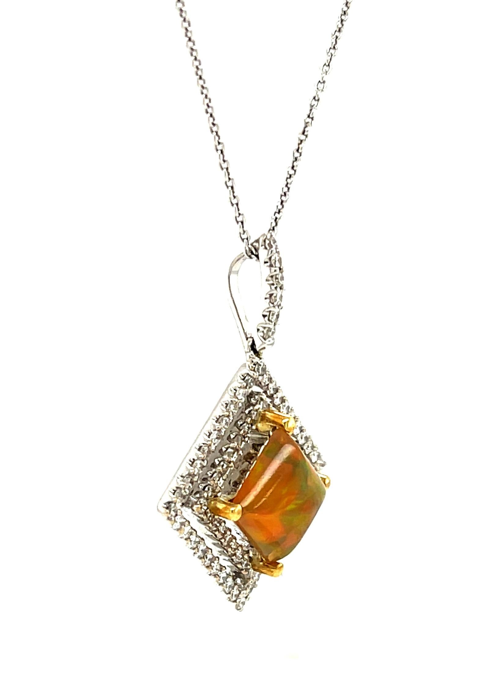 Artisan Golden Opal and Floating Diamond Double Halo Necklace in White Gold For Sale