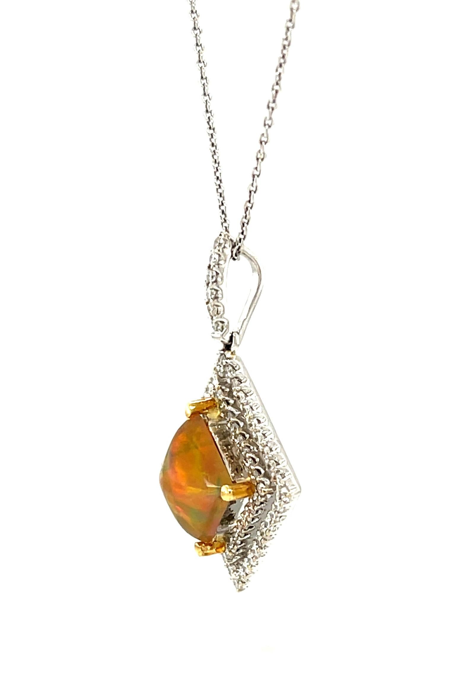 Women's Golden Opal and Floating Diamond Double Halo Necklace in White Gold For Sale