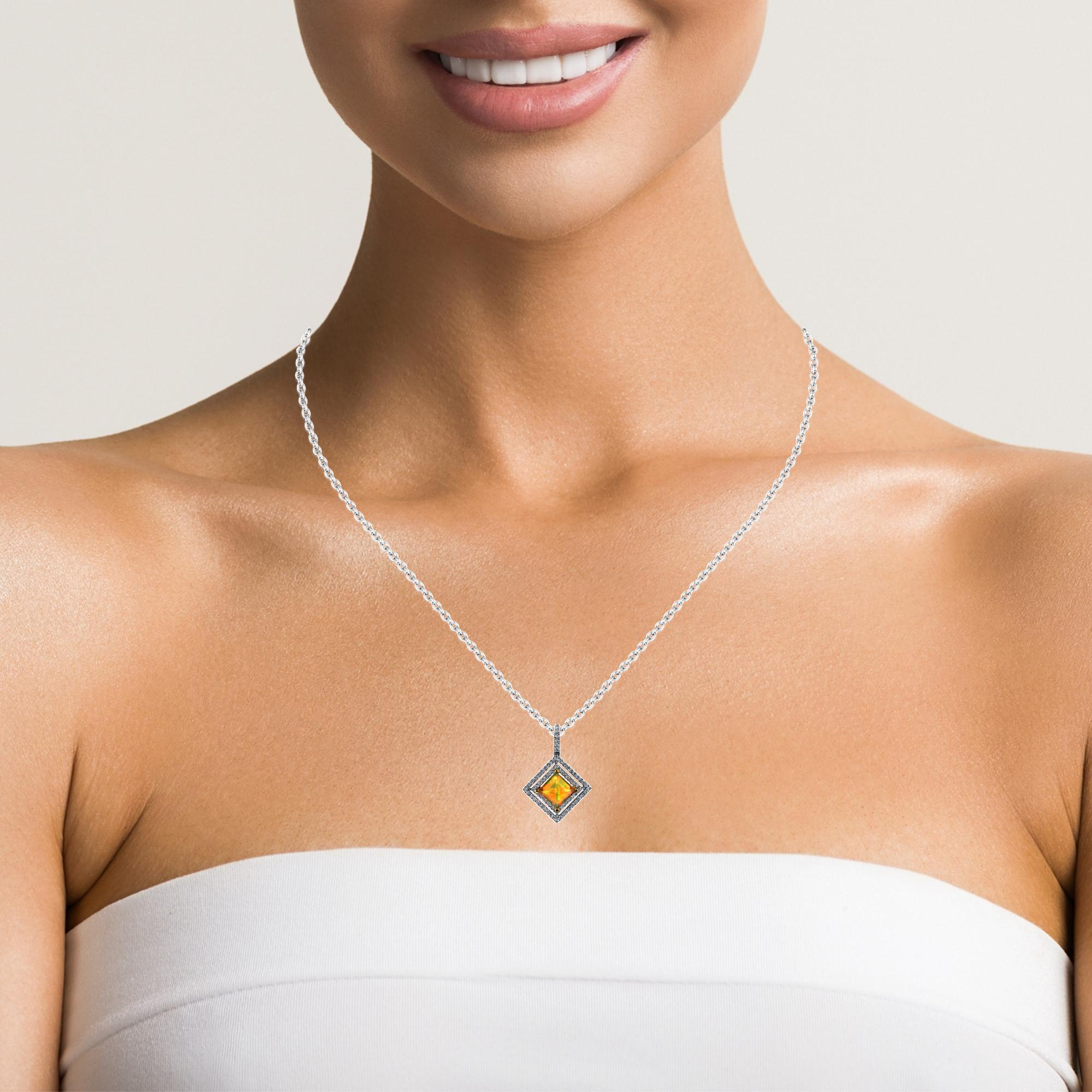 Golden Opal and Floating Diamond Double Halo Necklace in White Gold For Sale 2