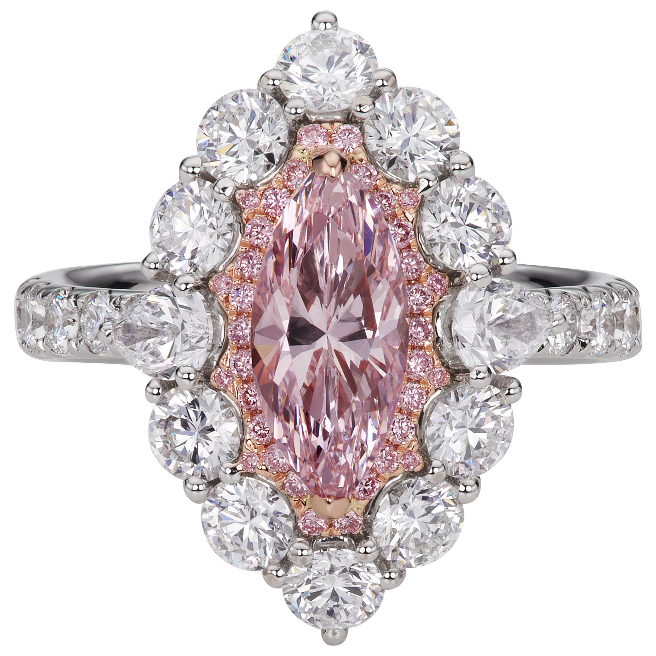 1.51 ct Natural Fancy Pink Marquise Diamond Halo Cocktail Ring in 18k White Gold For Sale