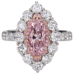 1.51 ct Natural Fancy Pink Marquise Diamond Halo Cocktail Ring in 18k White Gold
