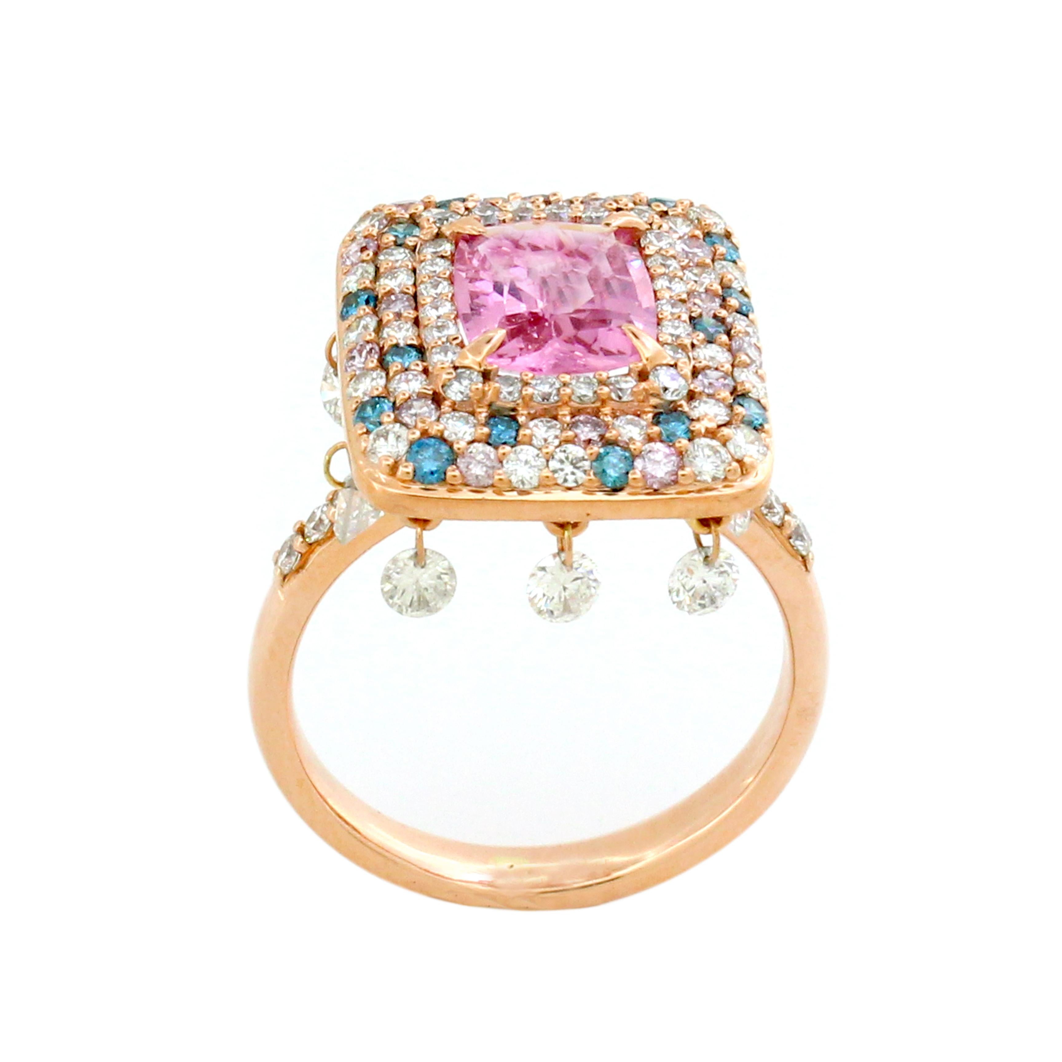 1,51 Karat rosa Saphir und 1,99 Karat gemischter Farbe Diamantring (Moderne) im Angebot