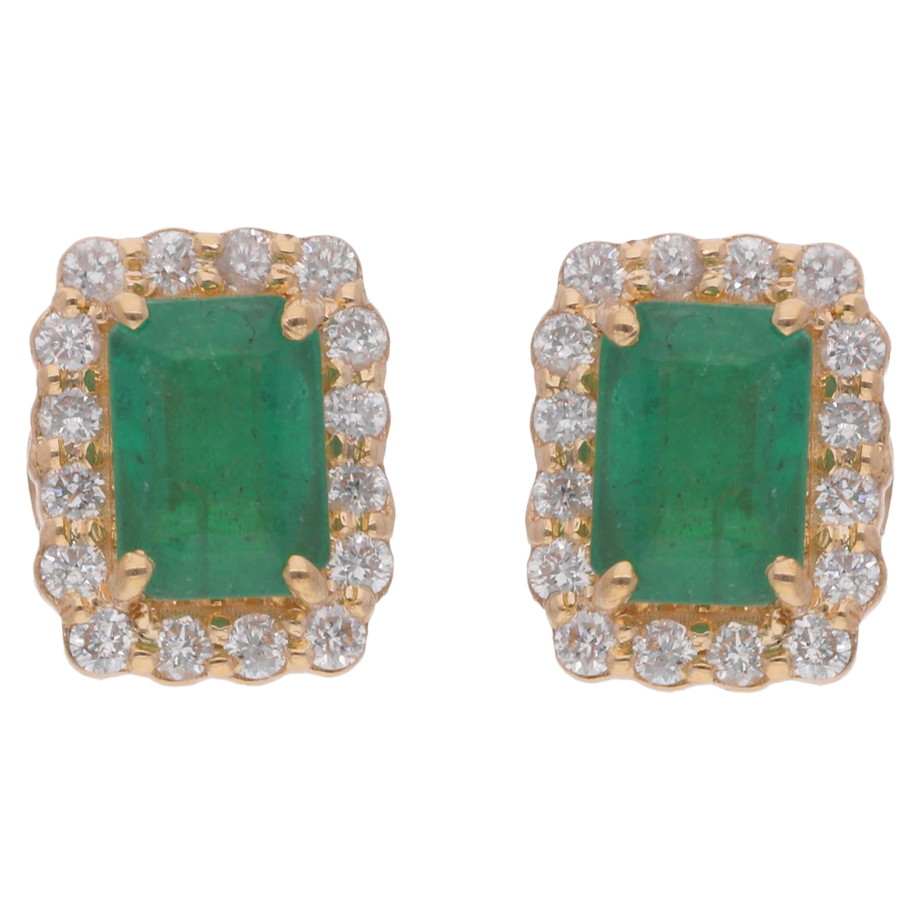 1.51 CTW Zambian Emerald SI/H Diamond Halo Stud Earrings 18 Karat Yellow Gold