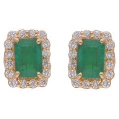 1.51 CTW Zambian Emerald SI/H Diamond Halo Stud Earrings 18 Karat Yellow Gold