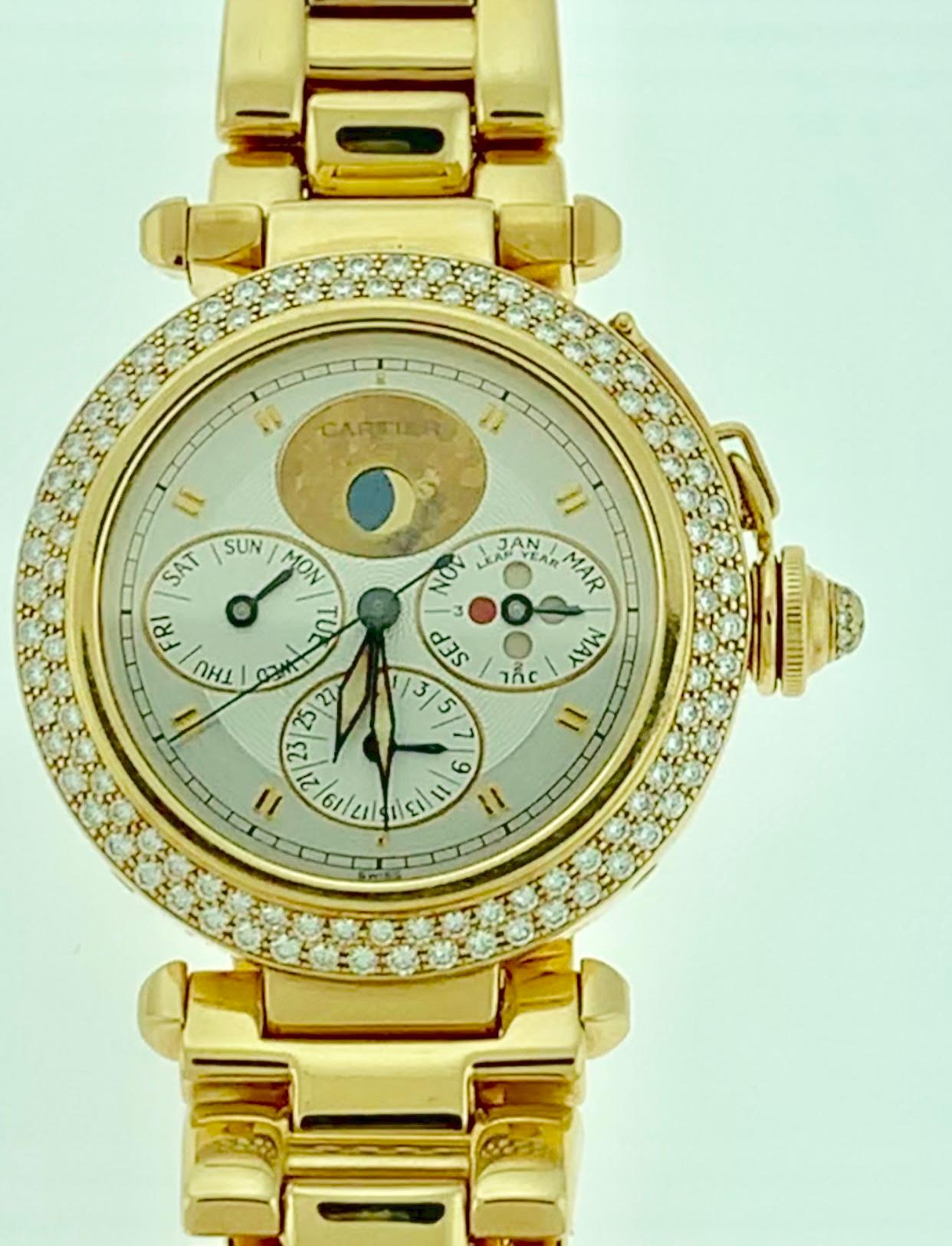 151 Gm 18 Karat Gold Cartier Pasha Factory Diamond Automatic Chrono Watch 2