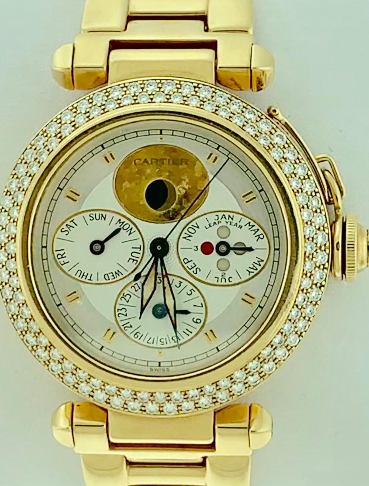 Round Cut 151 Gm 18 Karat Gold Cartier Pasha Factory Diamond Automatic Chrono Watch
