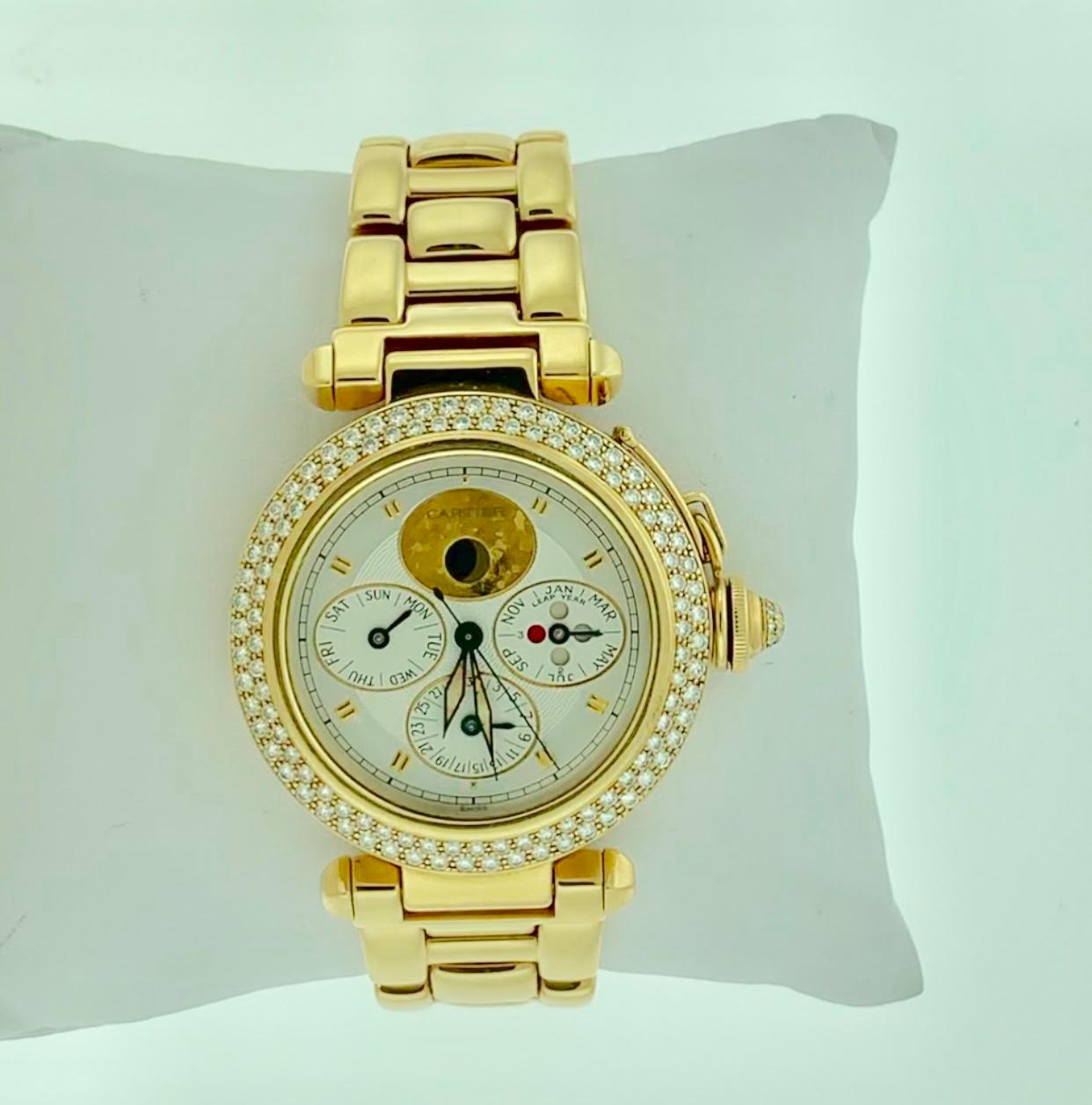 151 Gm 18 Karat Gold Cartier Pasha Factory Diamond Automatic Chrono Watch In Excellent Condition In New York, NY