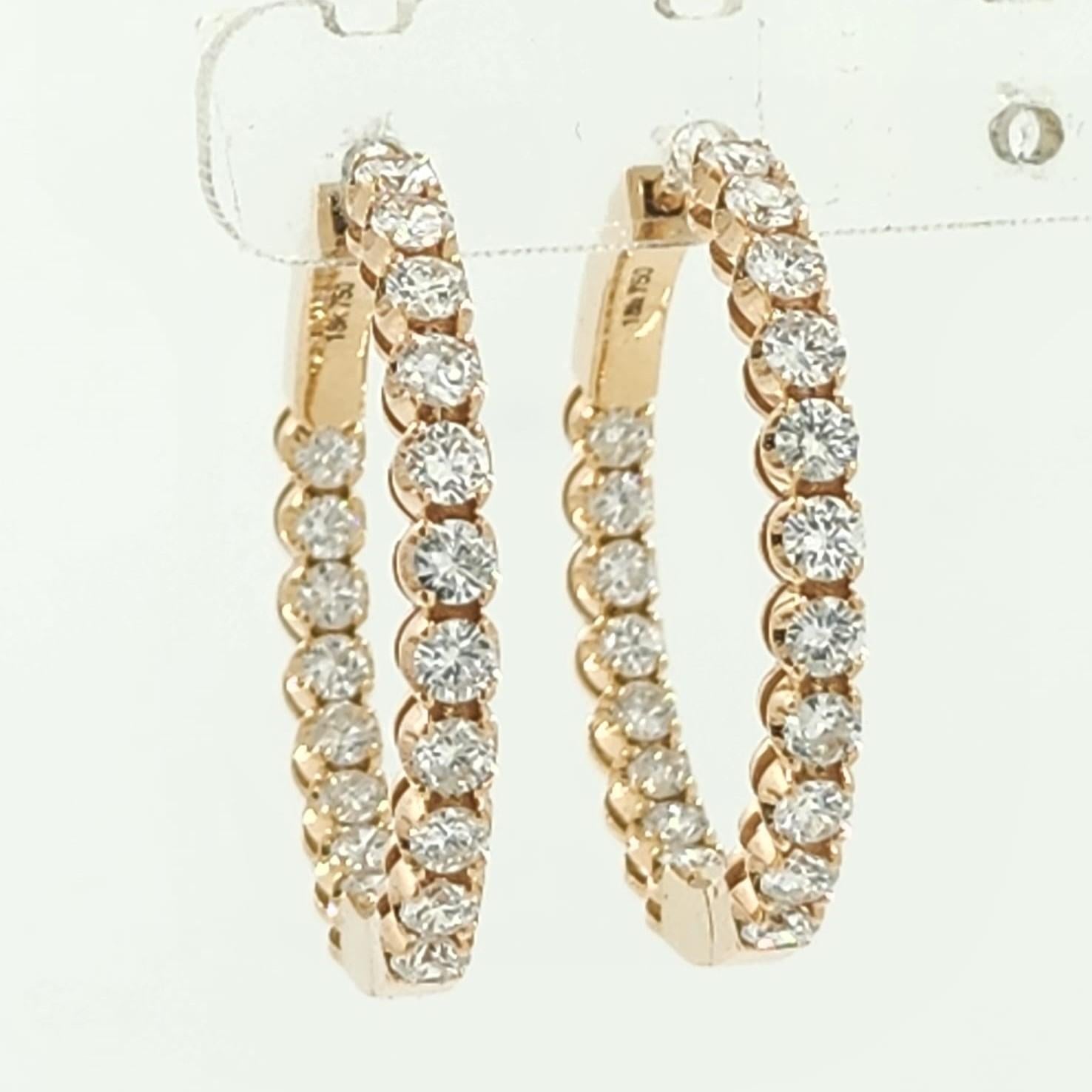Round Cut 1.51Carat Diamond Hoop Earrings in 18 Karat Rose Gold For Sale