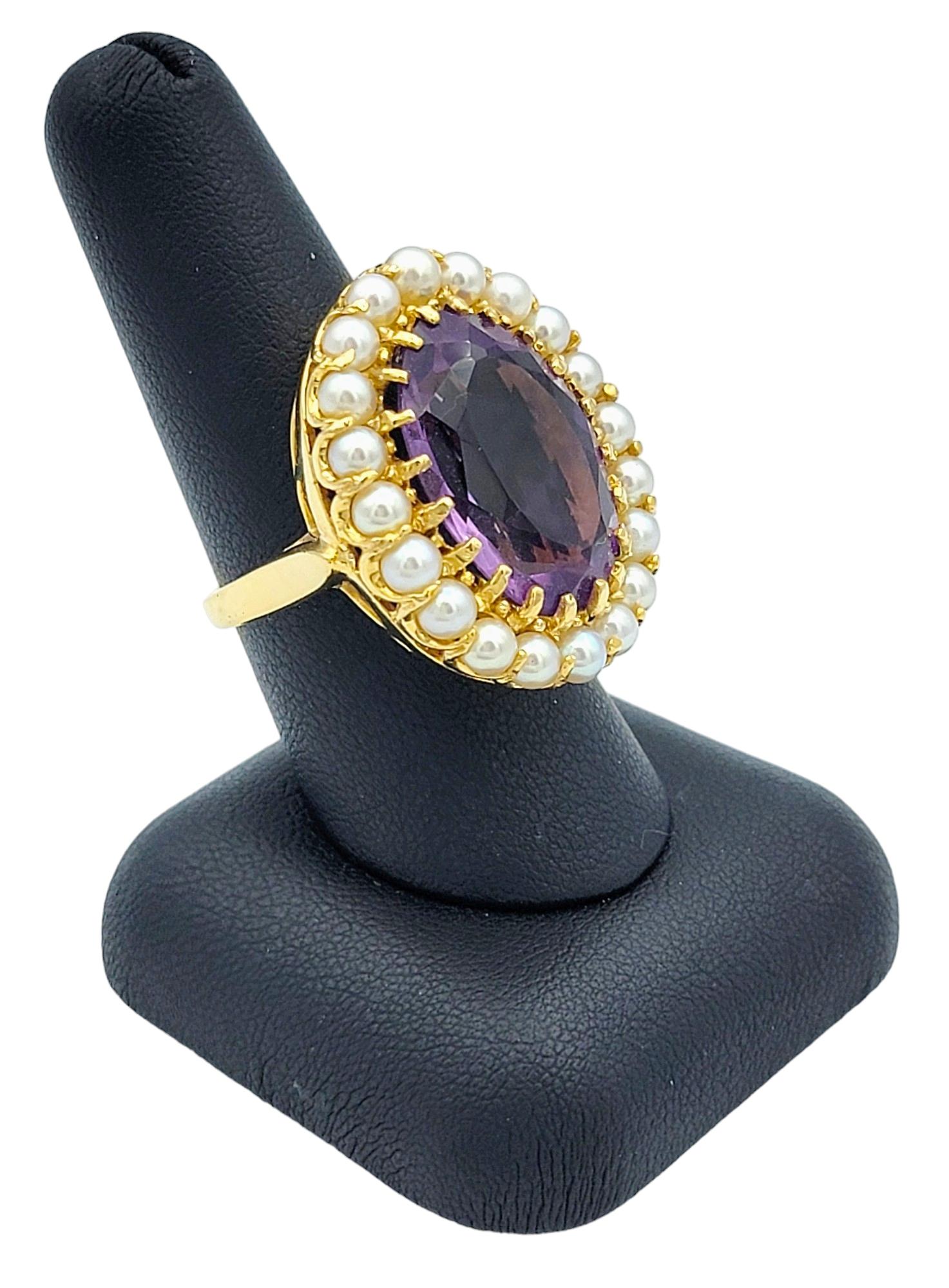 15.10 Carat Oval Amethyst and Seed Pearl Cocktail Ring in 14 Karat Yellow Gold For Sale 4