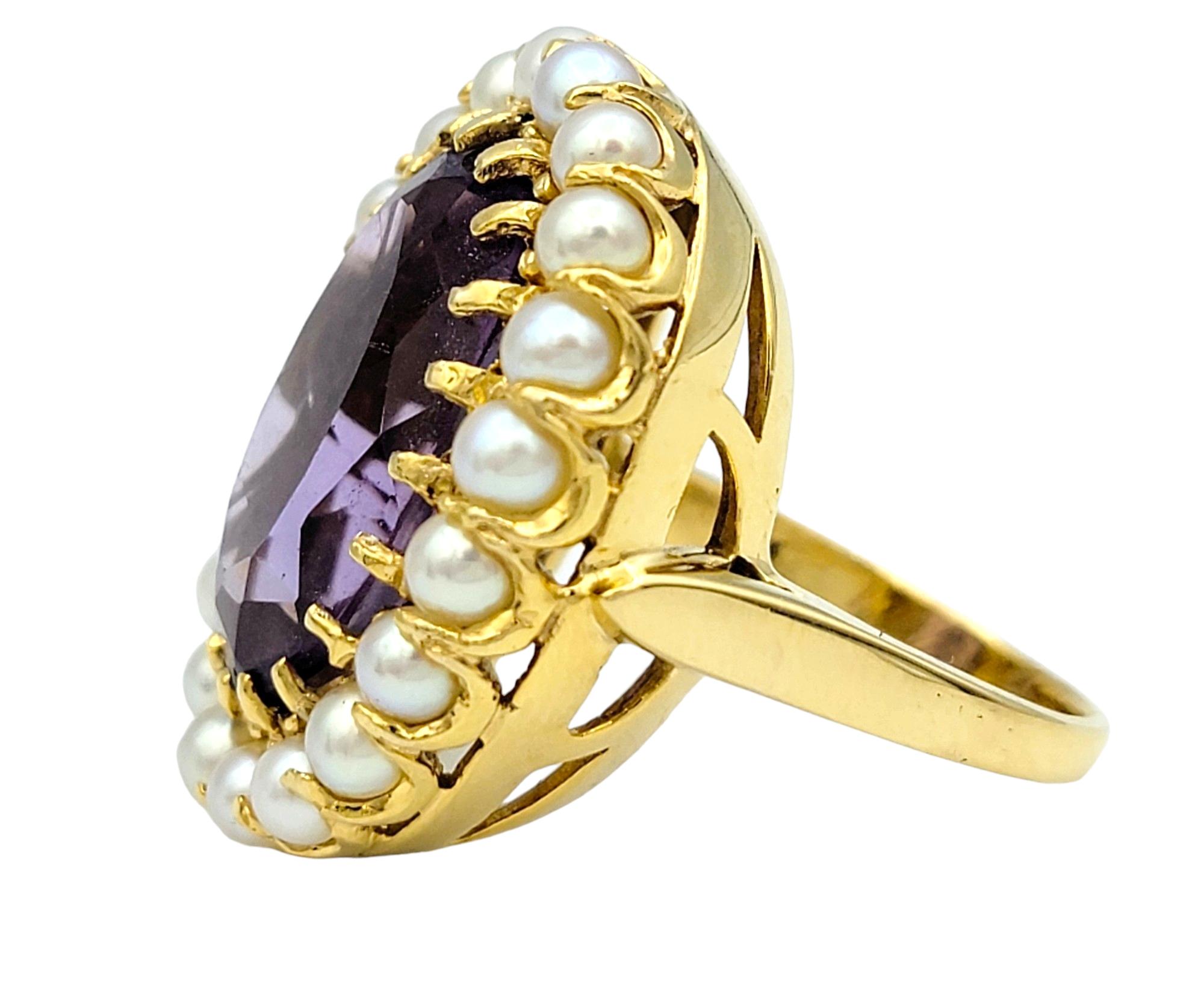 Contemporary 15.10 Carat Oval Amethyst and Seed Pearl Cocktail Ring in 14 Karat Yellow Gold For Sale