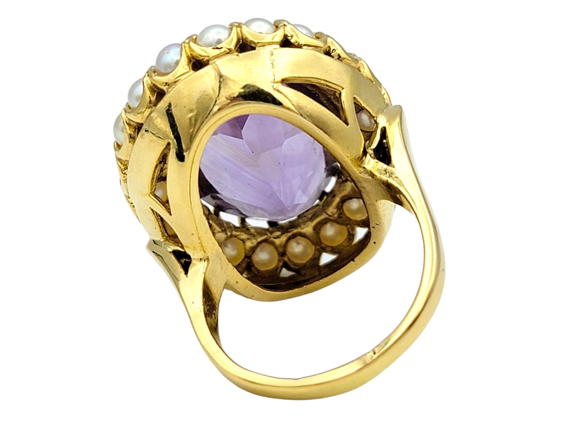 Oval Cut 15.10 Carat Oval Amethyst and Seed Pearl Cocktail Ring in 14 Karat Yellow Gold For Sale