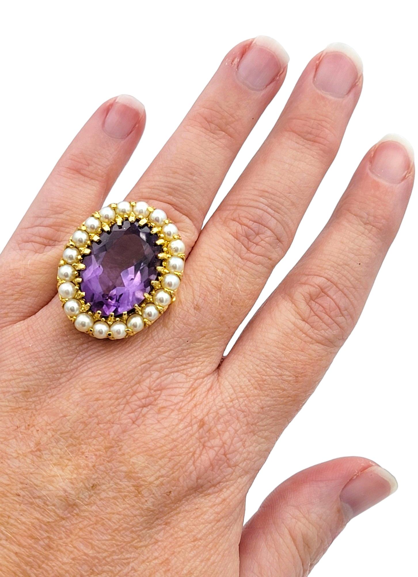 15.10 Carat Oval Amethyst and Seed Pearl Cocktail Ring in 14 Karat Yellow Gold For Sale 1