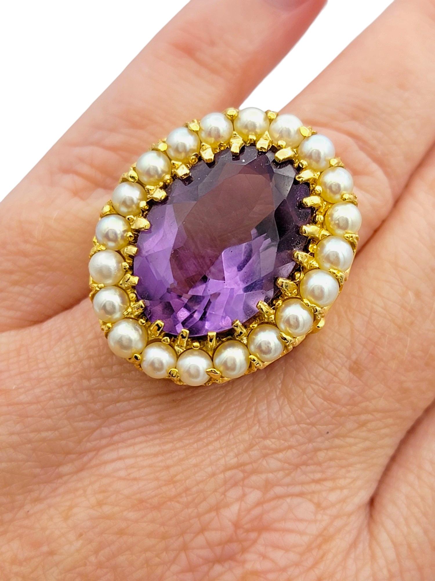 15.10 Carat Oval Amethyst and Seed Pearl Cocktail Ring in 14 Karat Yellow Gold For Sale 2
