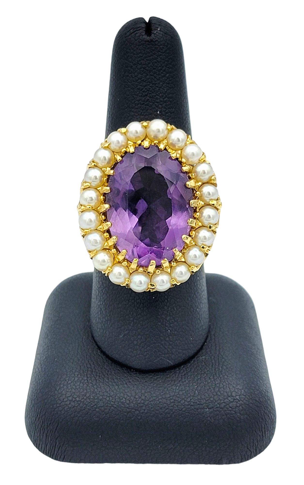 15.10 Carat Oval Amethyst and Seed Pearl Cocktail Ring in 14 Karat Yellow Gold For Sale 3