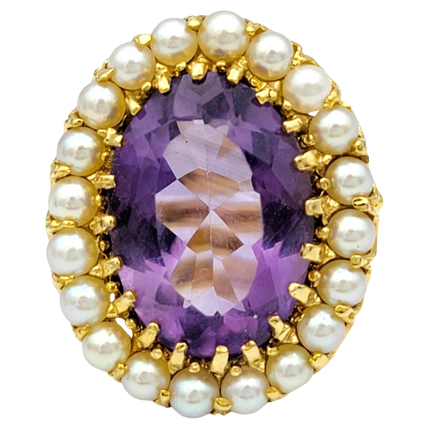 15.10 Carat Oval Amethyst and Seed Pearl Cocktail Ring in 14 Karat Yellow Gold For Sale