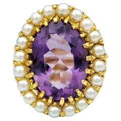15.10 Carat Oval Amethyst and Seed Pearl Cocktail Ring in 14 Karat Yellow Gold