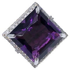 Berca 15.10 Carat Princess Cut Amethyst 0.98 Carat White Diamond Cocktail Ring