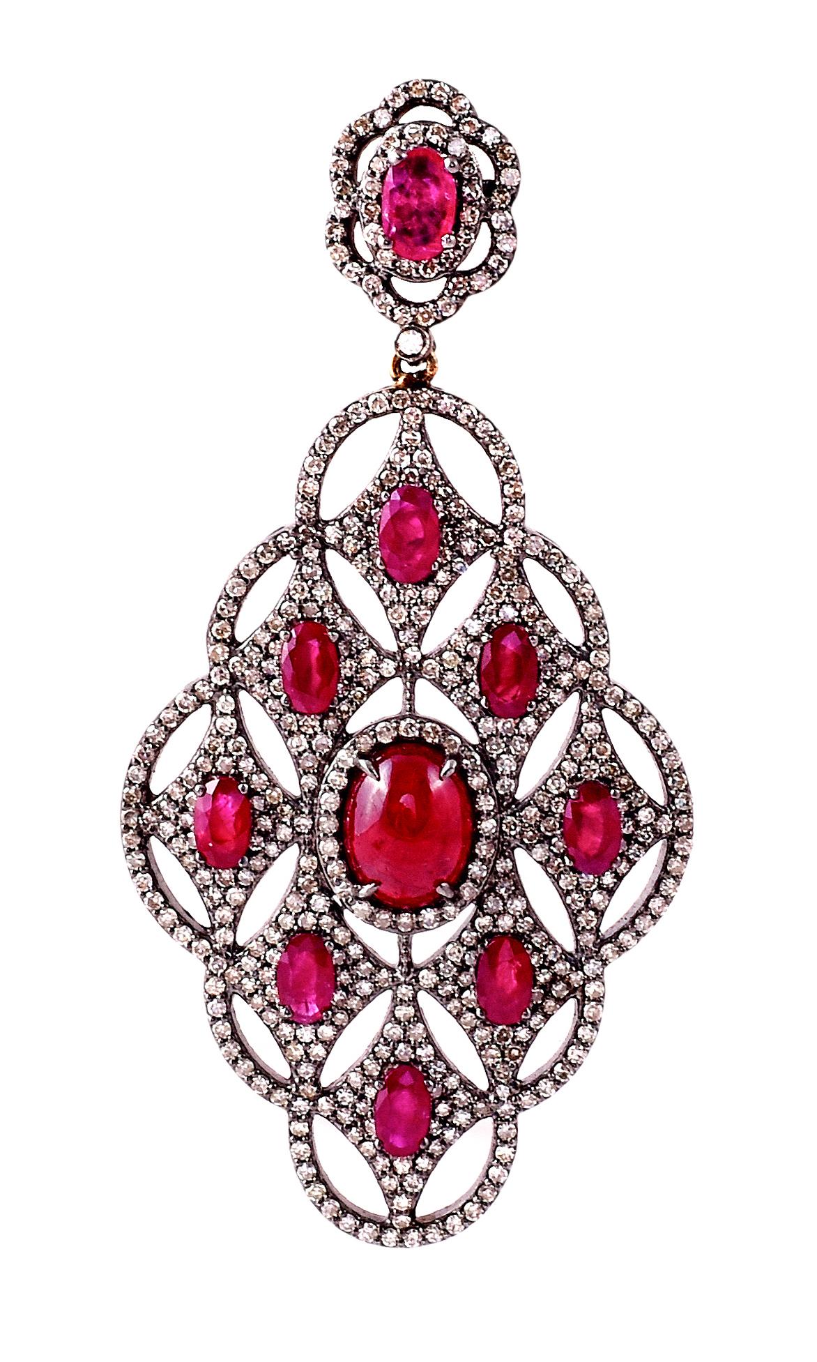 Women's 15.10 Carat Ruby and Diamond Cocktail Dangle Earrings in Art-Deco Style For Sale