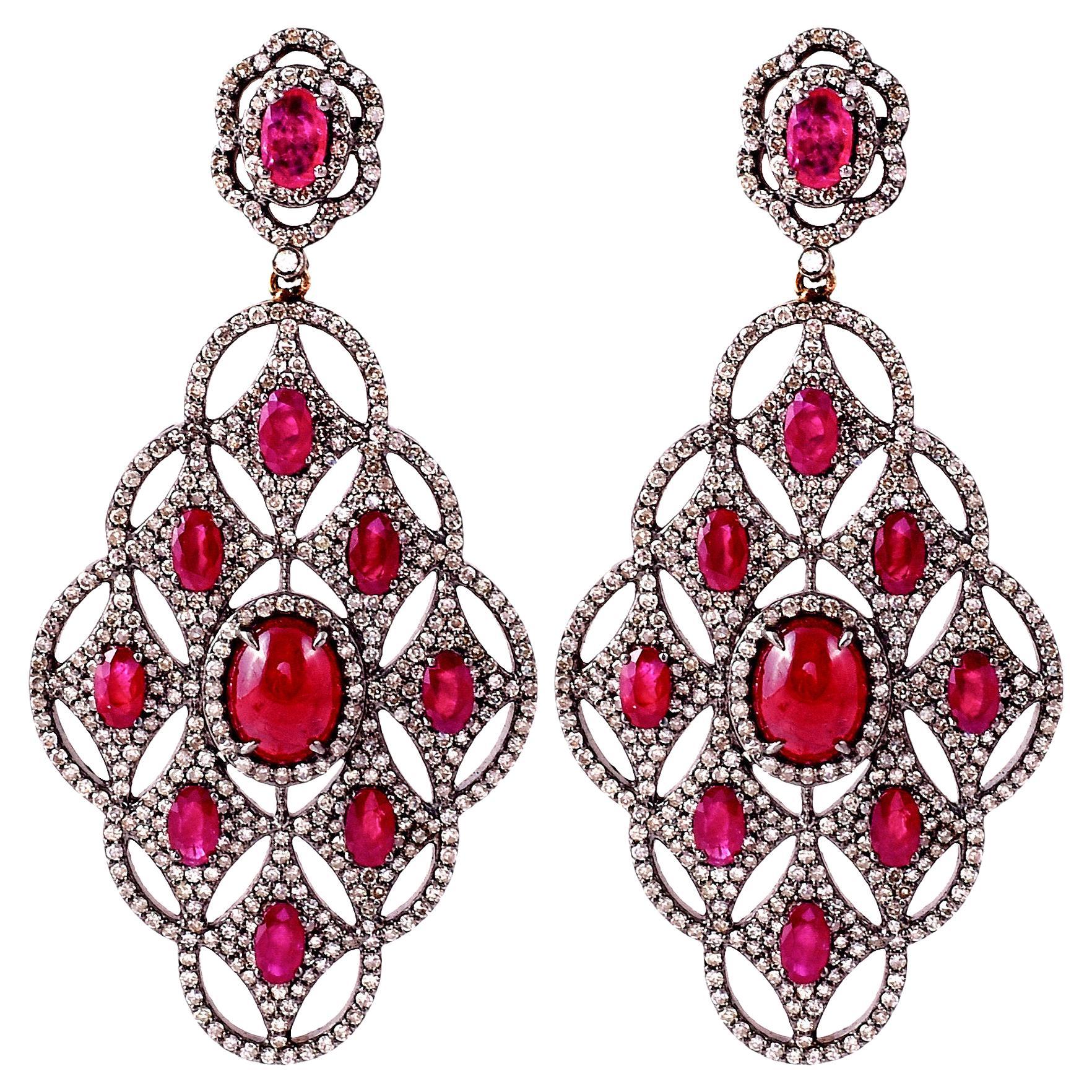 15.10 Carat Ruby and Diamond Cocktail Dangle Earrings in Art-Deco Style For Sale