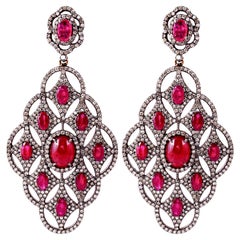 15.10 Carat Ruby and Diamond Cocktail Dangle Earrings in Art-Deco Style