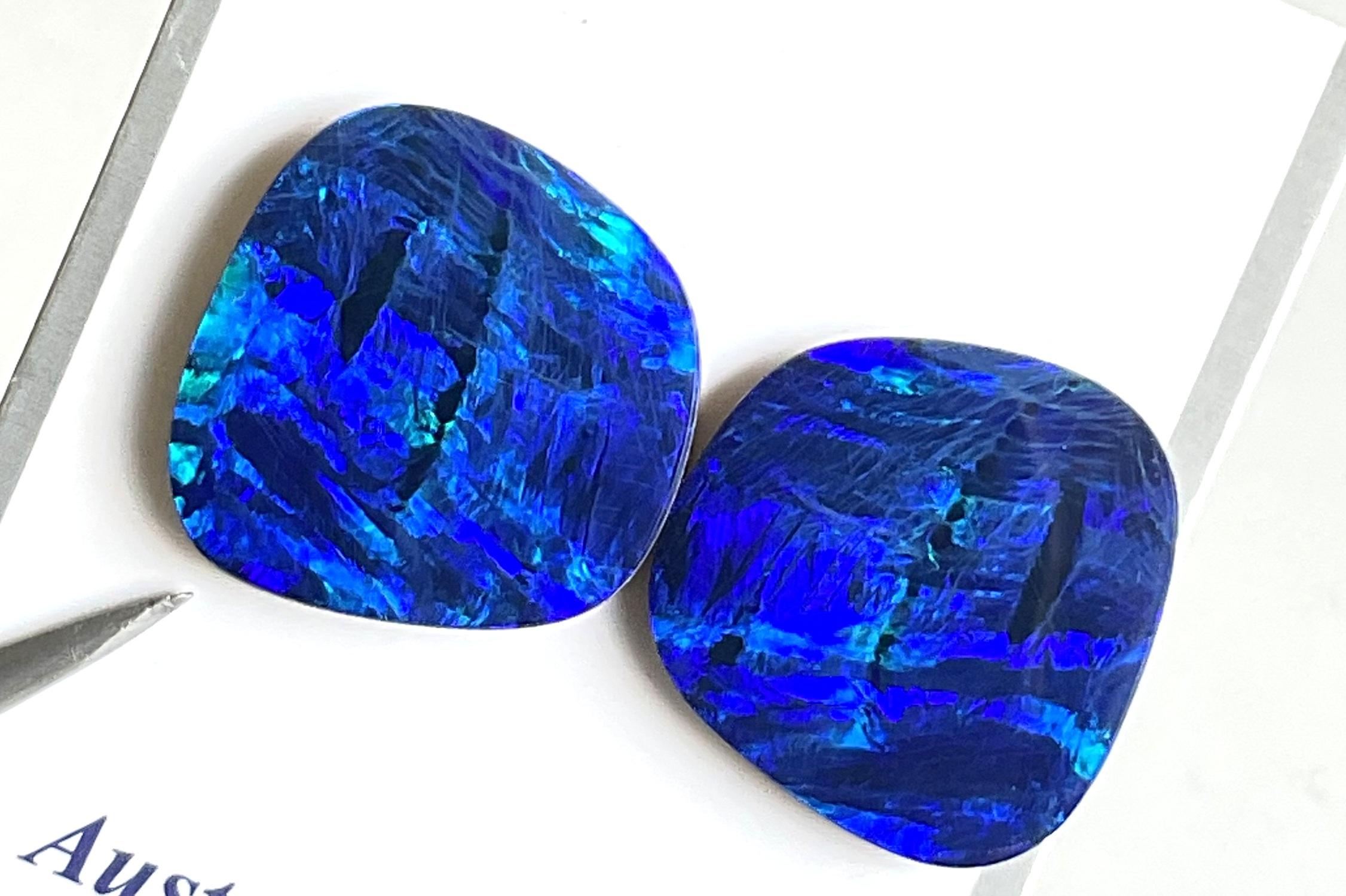 15.10 Carats Australian Opal Pair Royal Blue Flash play of Color Stone Gemstone For Sale 2