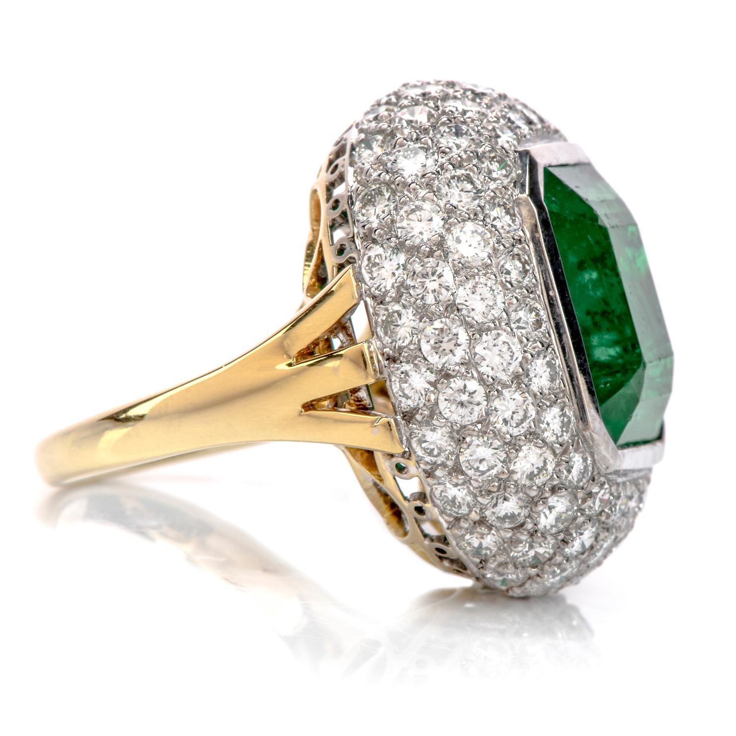 Modern 15.10 Carat Zambian Emerald Diamond 18 Karat Gold Large Cocktail Ring