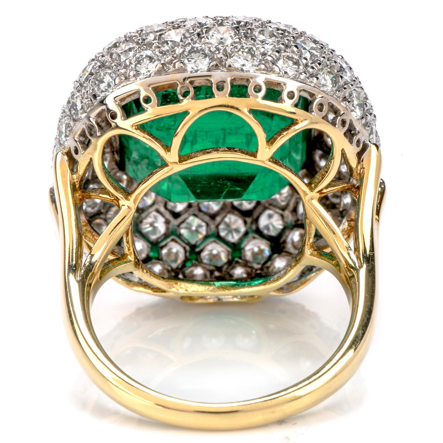 Emerald Cut 15.10 Carat Zambian Emerald Diamond 18 Karat Gold Large Cocktail Ring