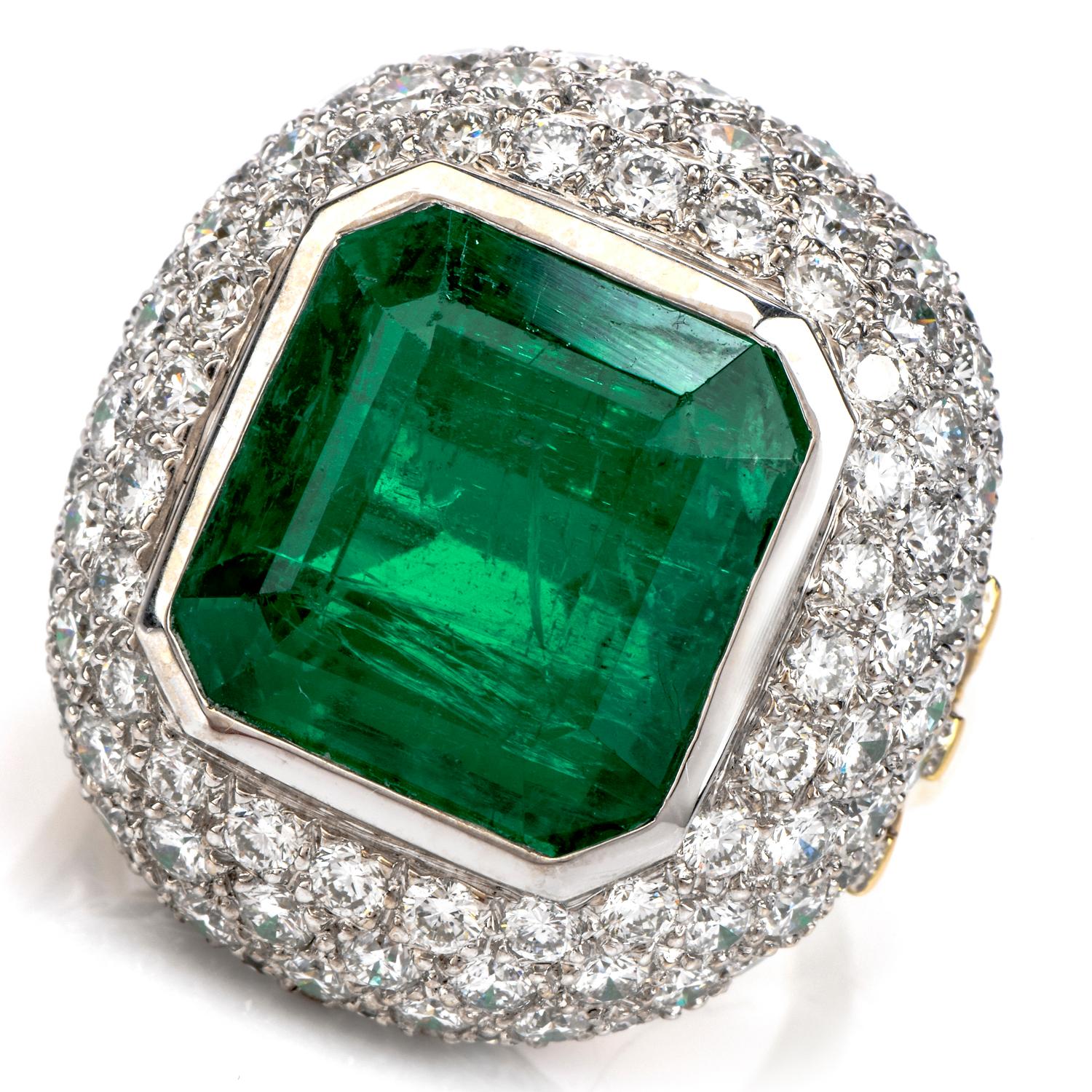 15.10 Carat Zambian Emerald Diamond 18 Karat Gold Large Cocktail Ring In Excellent Condition In Miami, FL
