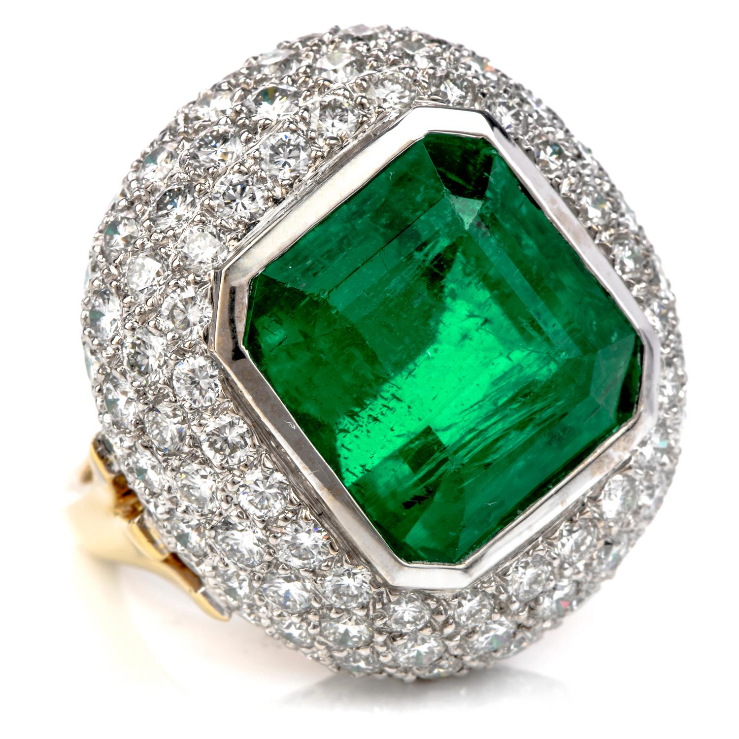 Women's 15.10 Carat Zambian Emerald Diamond 18 Karat Gold Large Cocktail Ring