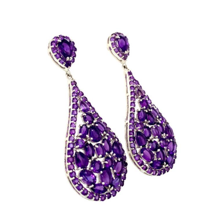 15.10 CTW Statement Amethyst Dangle Drop Wedding Earrings in Sterling Silver In New Condition For Sale In Houston, TX