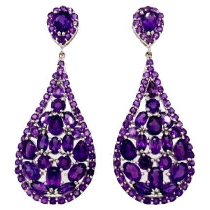 15.10 CTW Statement Amethyst Dangle Drop Wedding Earrings in Sterling Silver For Sale