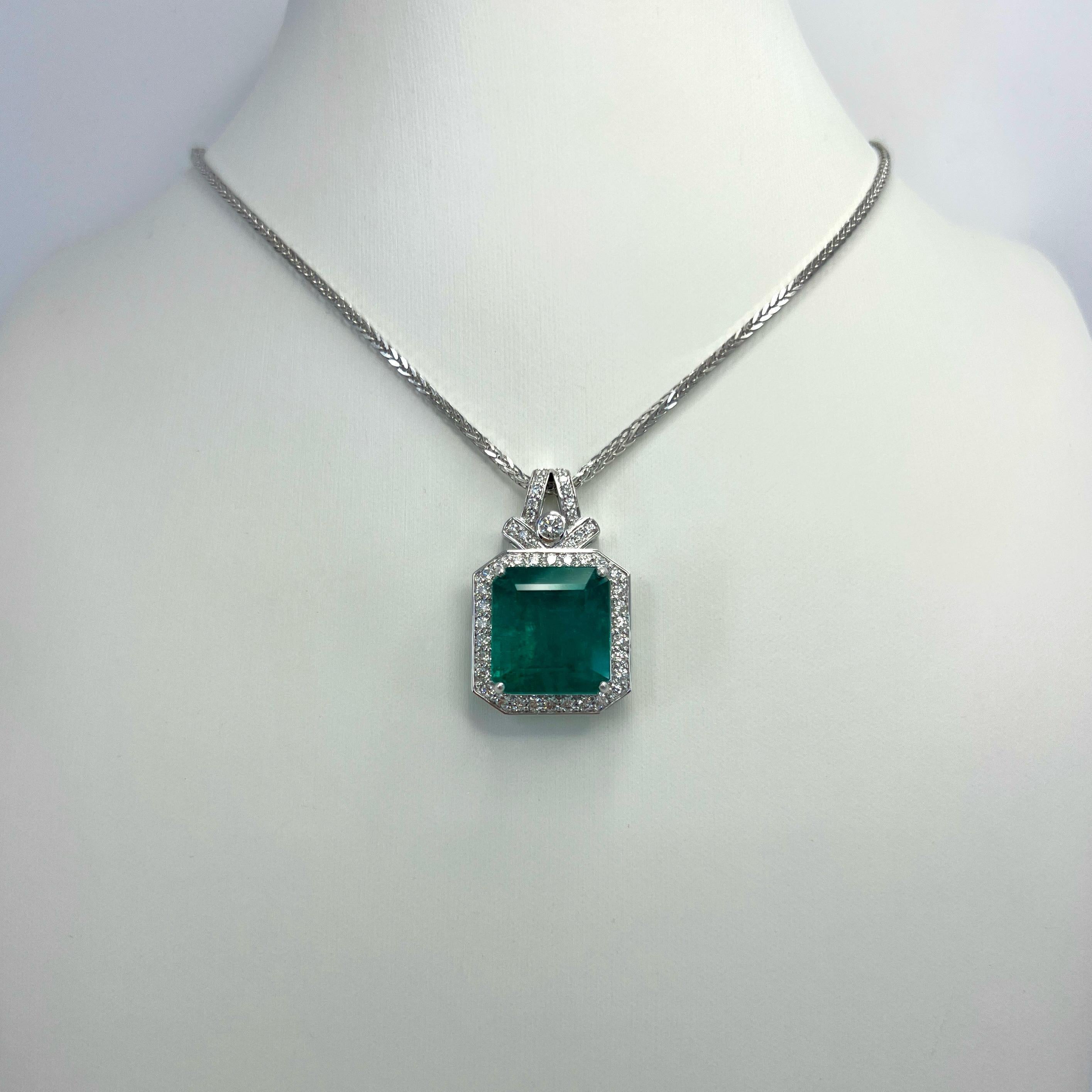15.10ct GIA Certified Zambia Emerald & Diamond 18k White Gold Pendant Necklace For Sale 5