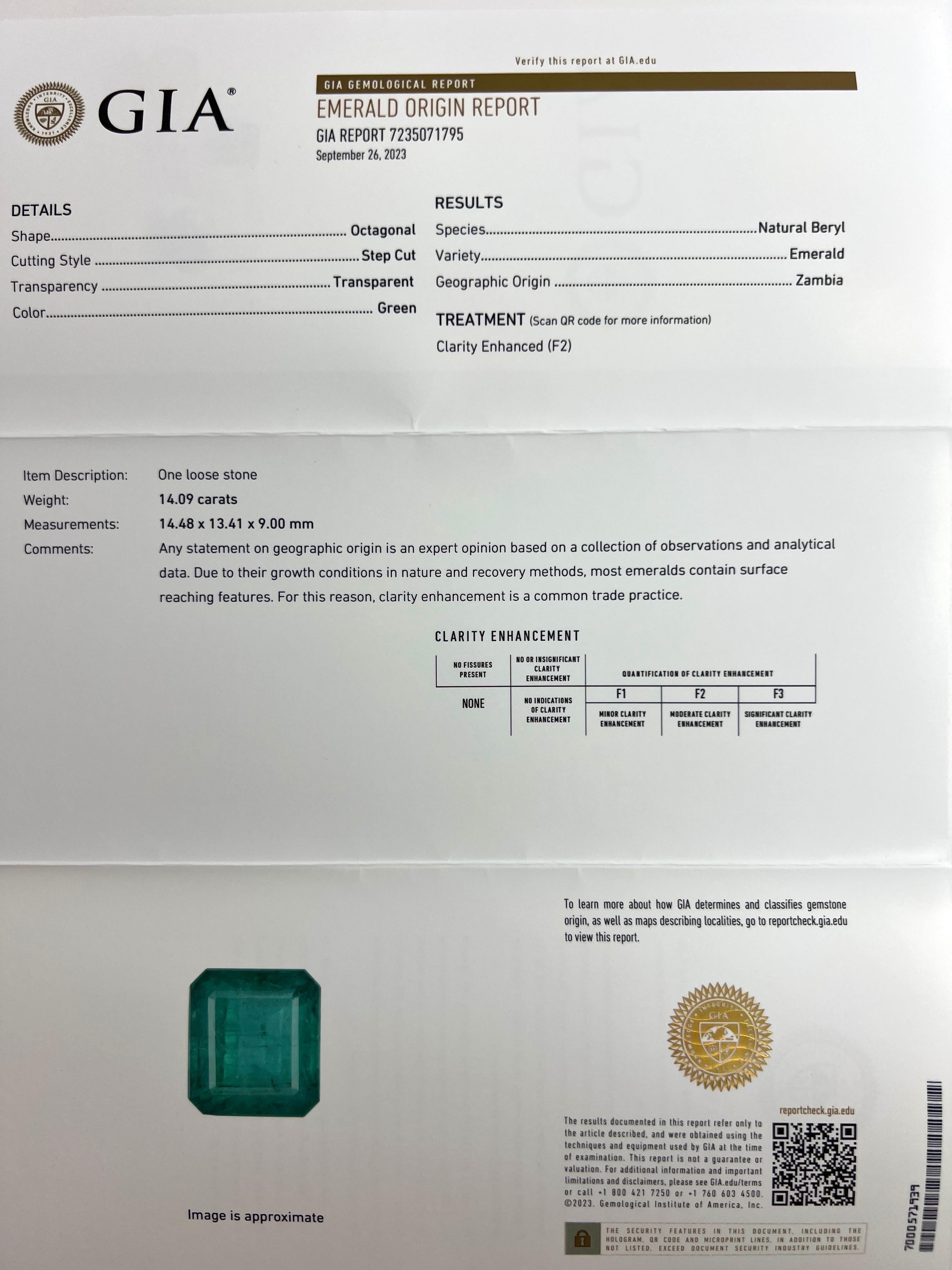 Rare And Unique Natural GIA Certified Emerald & Diamond 18k White Gold Pendant Necklace. 15.10 Total carat.

This beautiful necklace features a very large 14.10 carat deep green emerald fully certified by GIA confirming stone as natural and Zambian