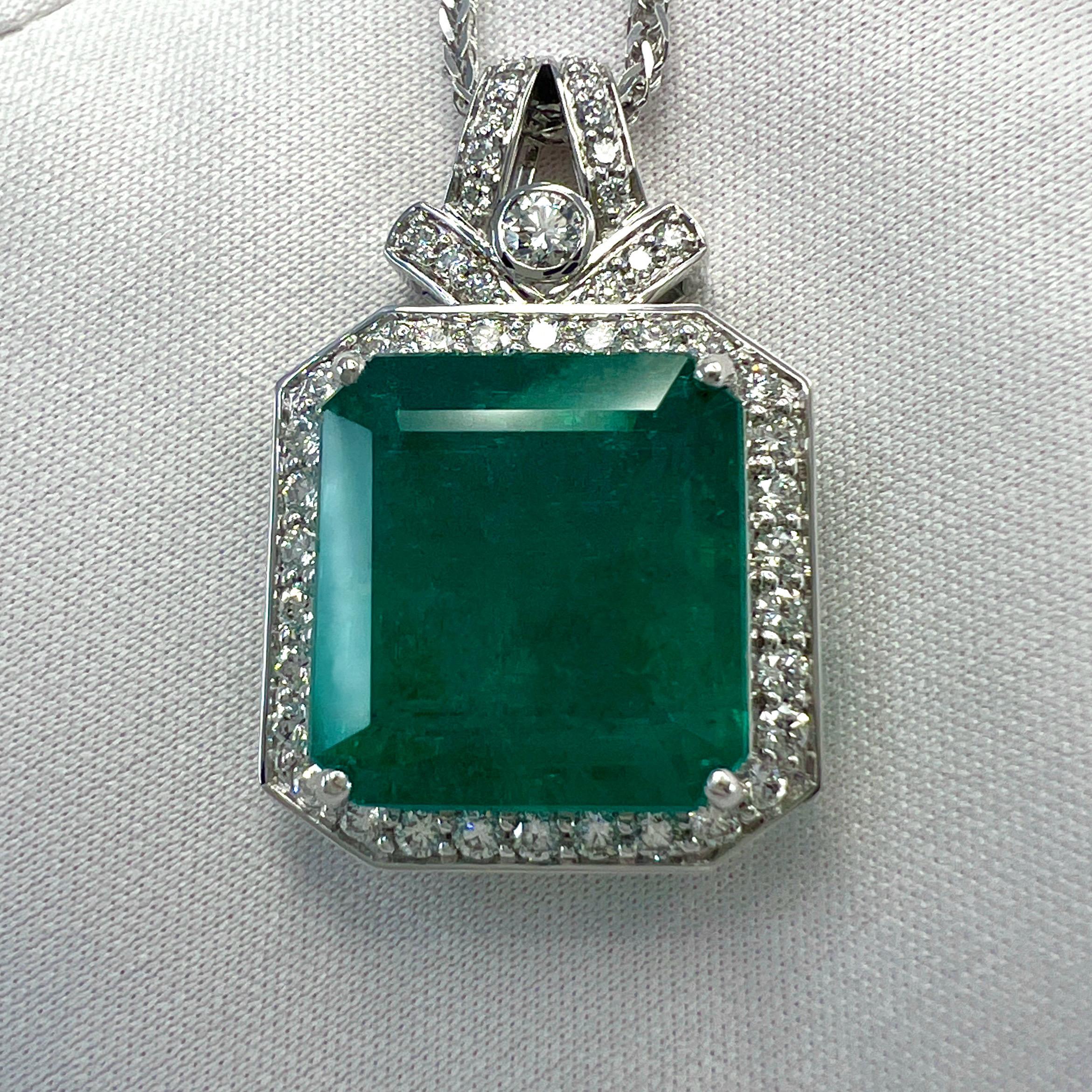 Art Deco 15.10ct GIA Certified Zambia Emerald & Diamond 18k White Gold Pendant Necklace For Sale