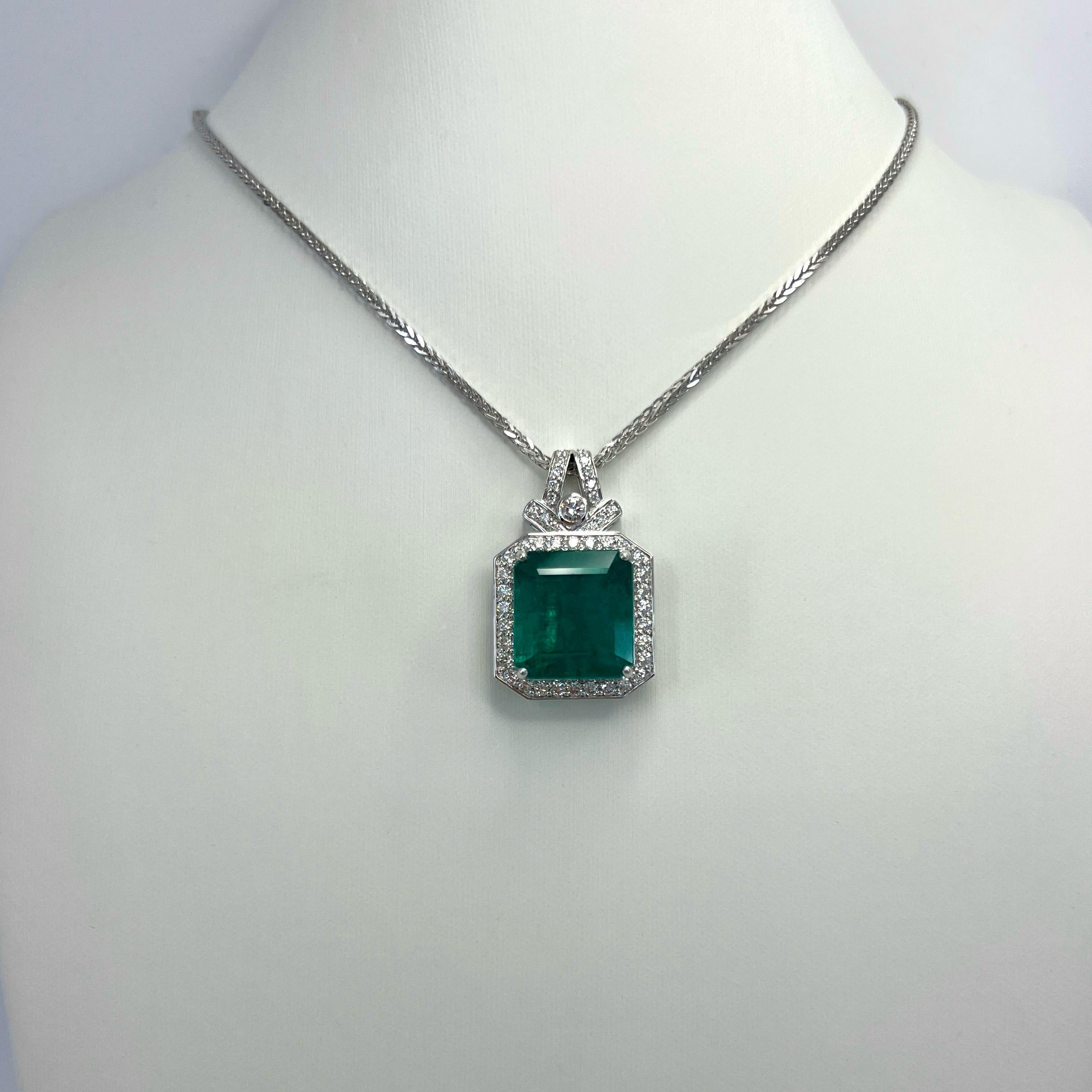 Emerald Cut 15.10ct GIA Certified Zambia Emerald & Diamond 18k White Gold Pendant Necklace For Sale