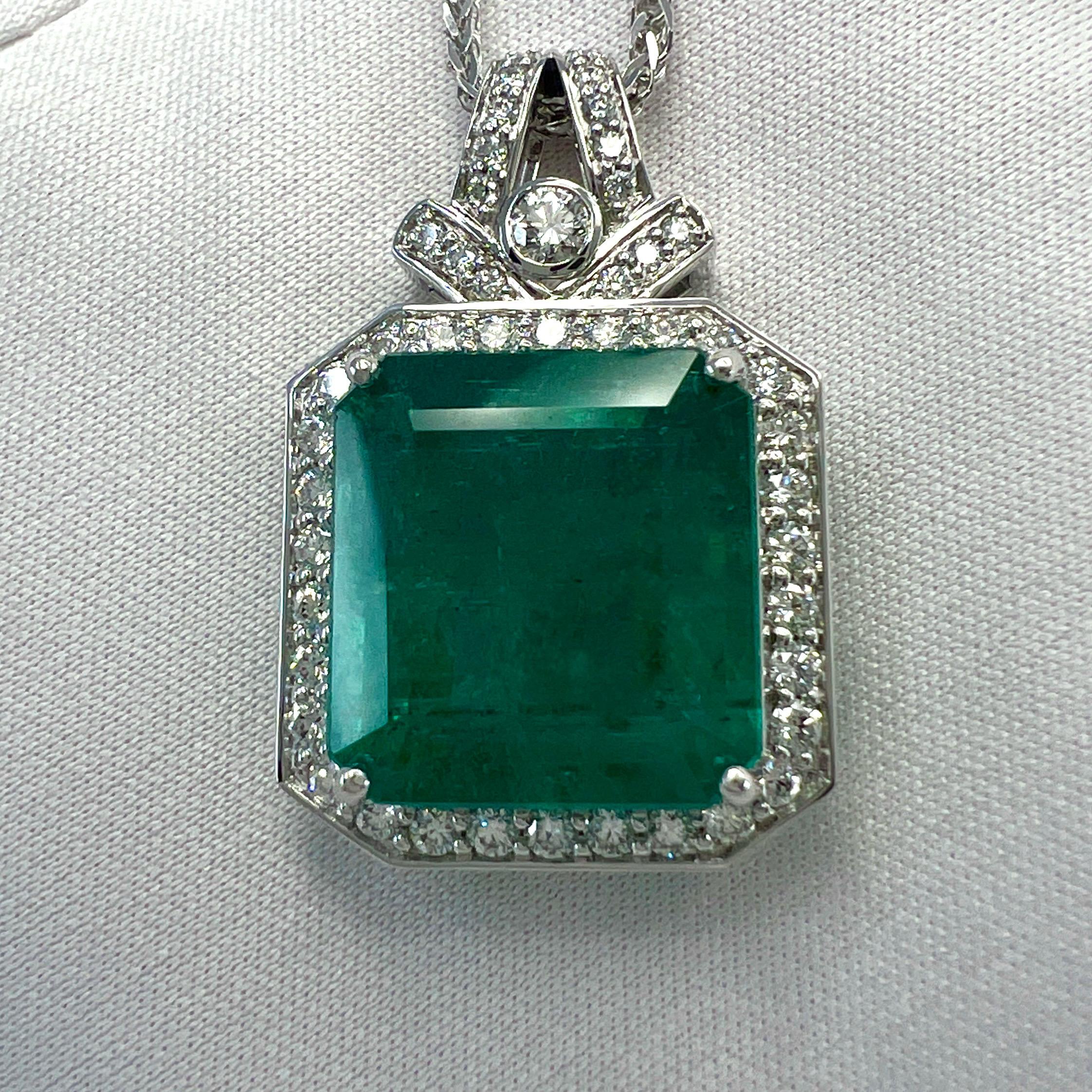 15.10ct GIA Certified Zambia Emerald & Diamond 18k White Gold Pendant Necklace In New Condition For Sale In Birmingham, GB