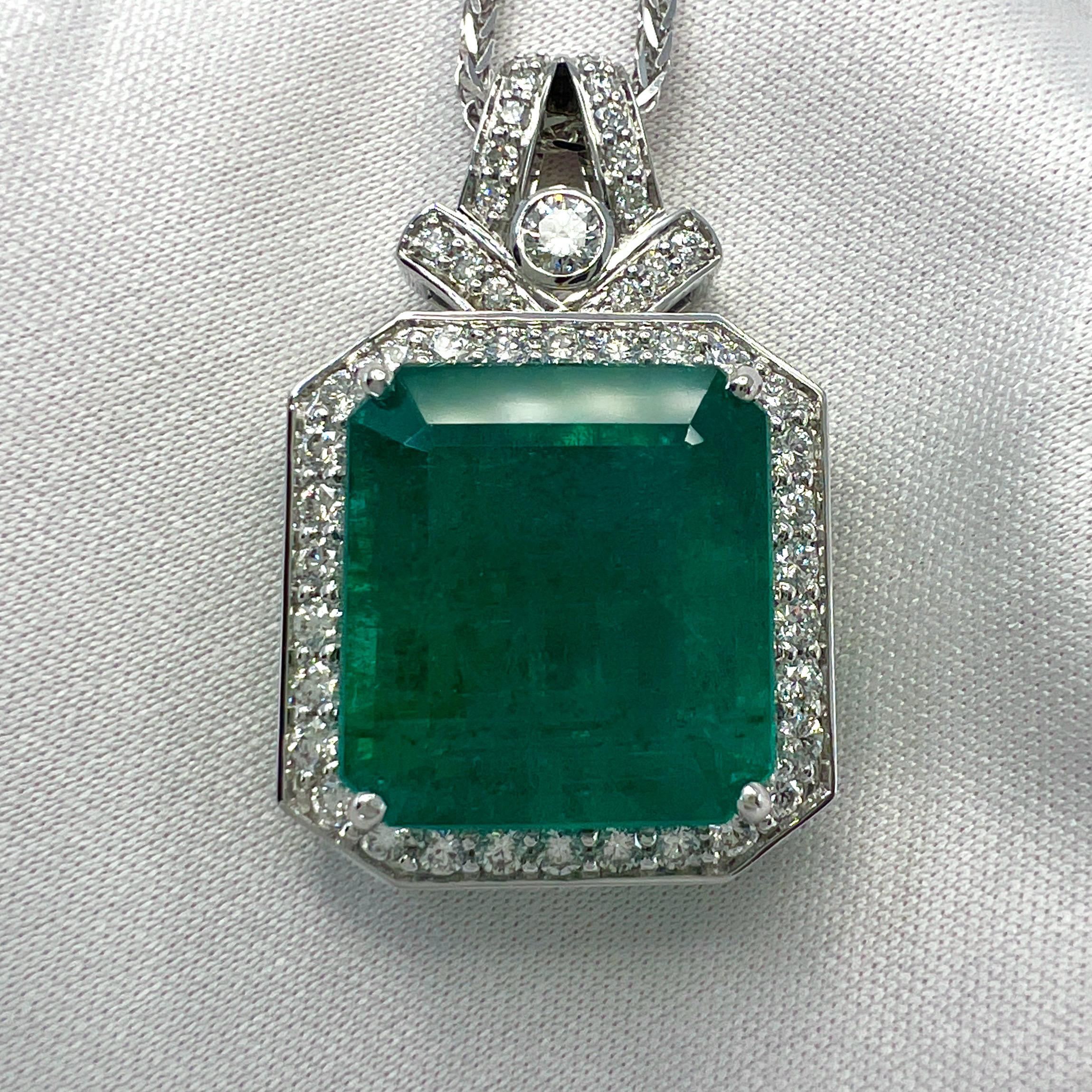 15.10ct GIA Certified Zambia Emerald & Diamond 18k White Gold Pendant Necklace For Sale 3