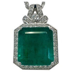 15.10ct GIA Certified Zambia Emerald & Diamond 18k White Gold Pendant Necklace