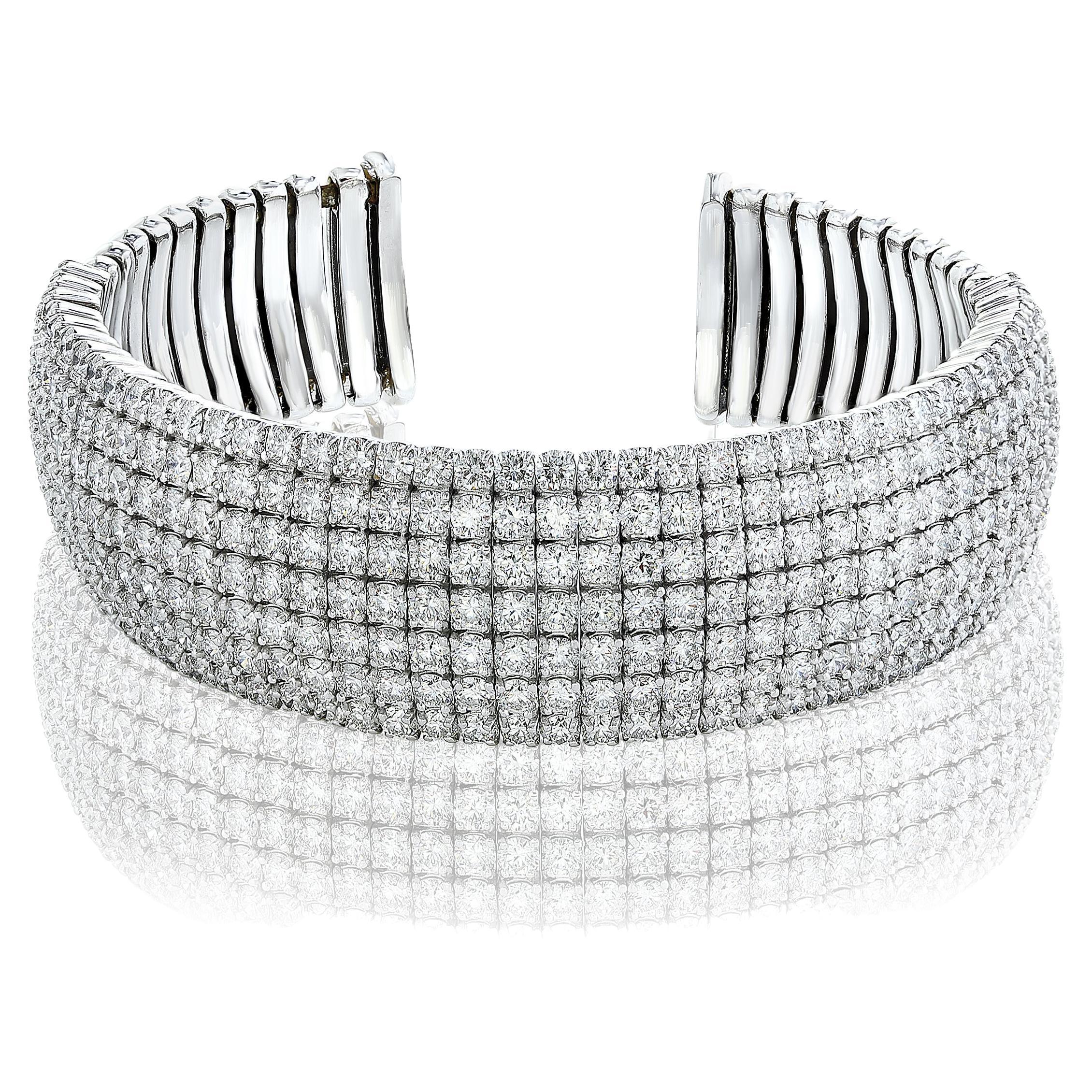 15.11 Carat Brilliant Cut Diamond 14K White Gold Cuff Bracelet
