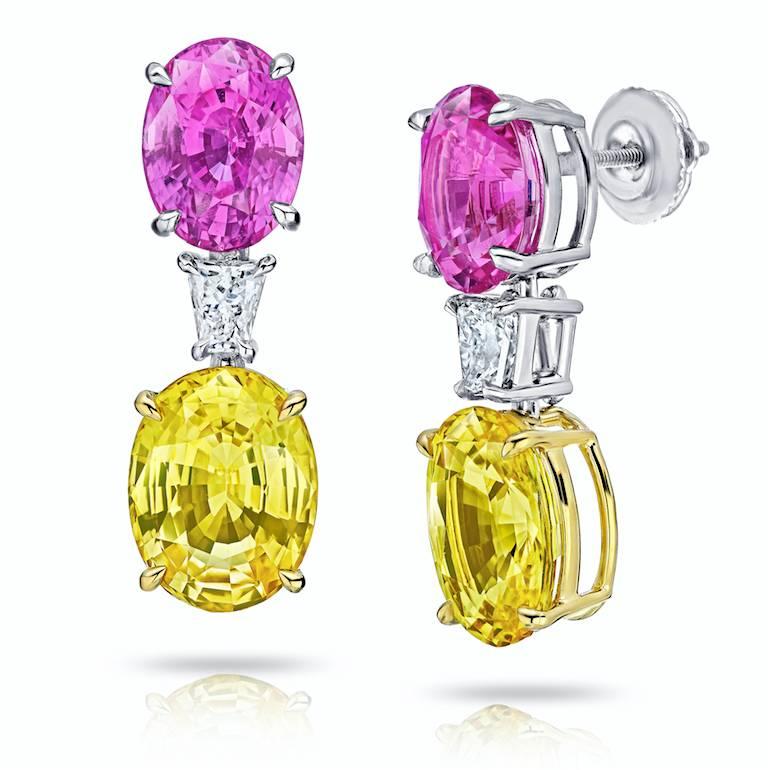 6.57 carats of Oval Pink Sapphires (no heat/heat) and 8.54 carats of Oval Yellow Sapphires (no heat), with tapered baguette Diamonds .61 carats set in Platinum and 18k yellow gold Screw Back Earrings