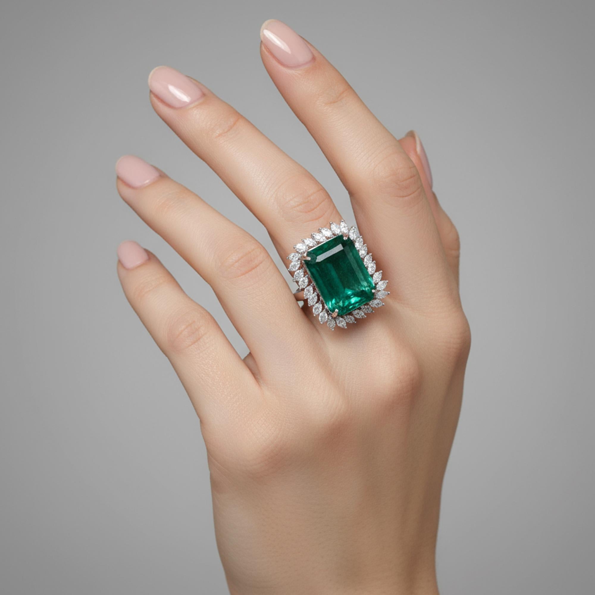 For Sale:  15.11 Carat Zambian Emerald 1.37 Carat SI/H Diamond Ring 18 Karat White Gold 2