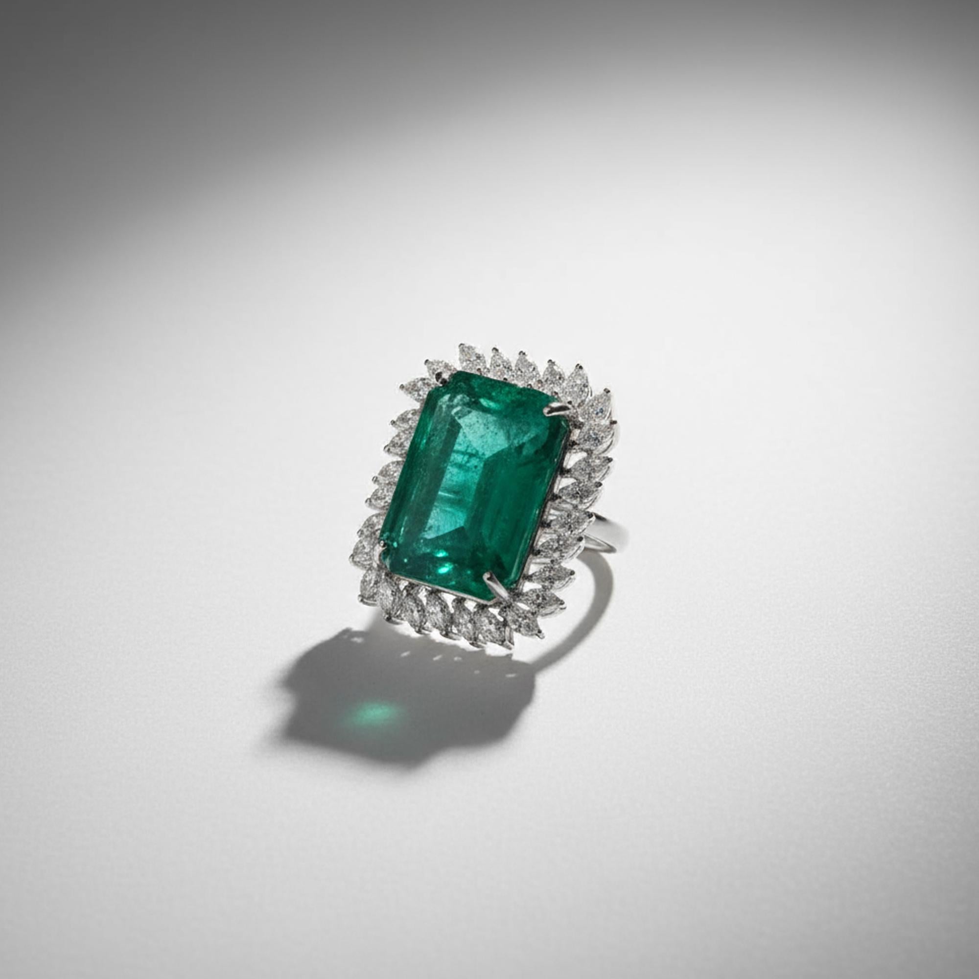 For Sale:  15.11 Carat Zambian Emerald 1.37 Carat SI/H Diamond Ring 18 Karat White Gold 4