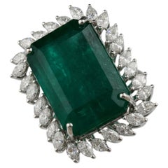 15.11 Carat Zambian Emerald 1.37 Carat SI/H Diamond Ring 18 Karat White Gold