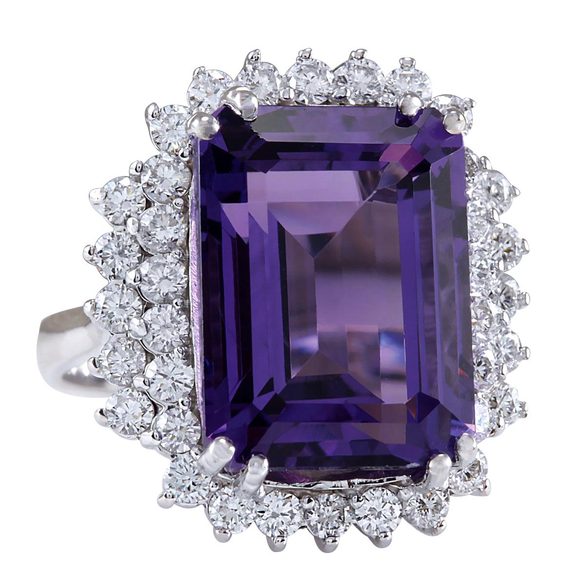 15.12 Carat Natural Amethyst 14 Karat White Gold Diamond Ring
Stamped: 14K White Gold
Total Ring Weight: 8.0 Grams
Amethyst Weight is 13.82 Carat (Measures: 16.00x12.00 mm)
Diamond Weight is 1.30 Carat
Color: F-G, Clarity: VS2-SI1
Face Measures: