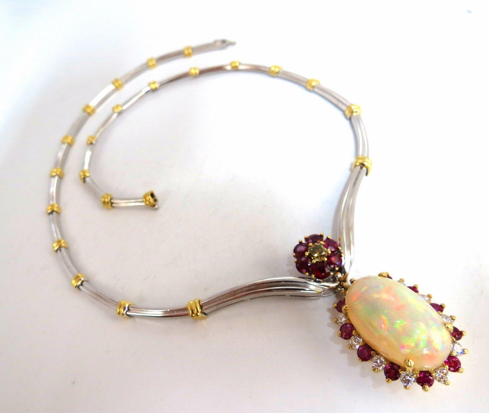 Oval Cut 15.14 Carat Natural Opal Ruby Diamond Necklace 14 Karat