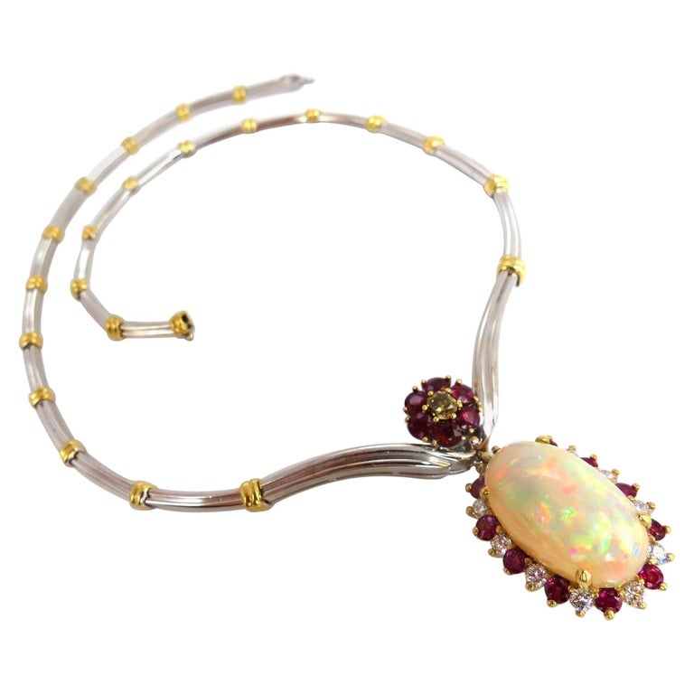15.14 Carat Natural Opal Ruby Diamond Necklace 14 Karat For Sale at 1stDibs