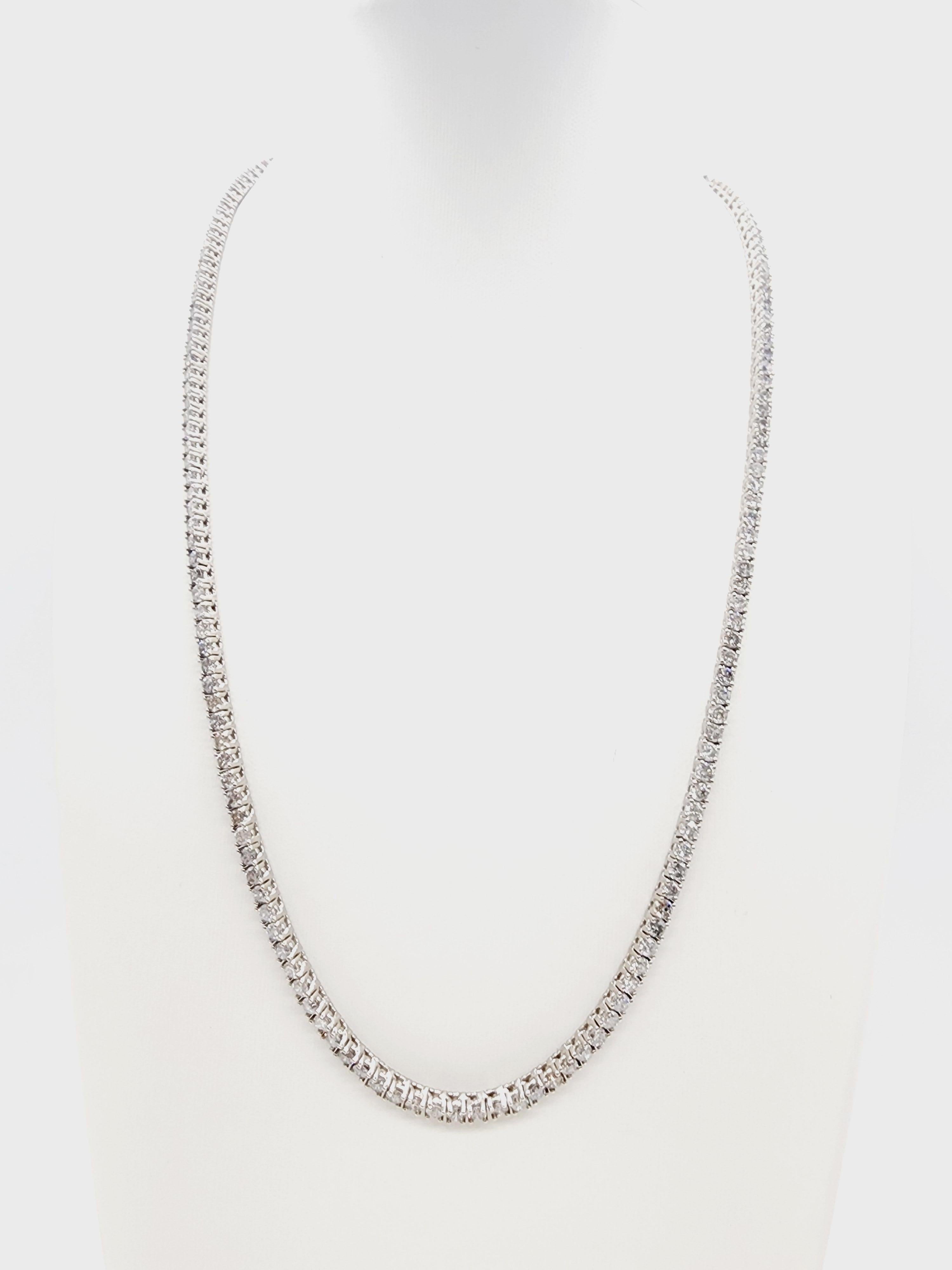 Beautiful quality tennis necklace, round-brilliant cut white diamonds clean and excellent shine!

Carat Weight: 15.14 cts
14k solid white gold
Length: 20 inch 
Average Color: G
Average Clarity: I
Width: 3.1 mm