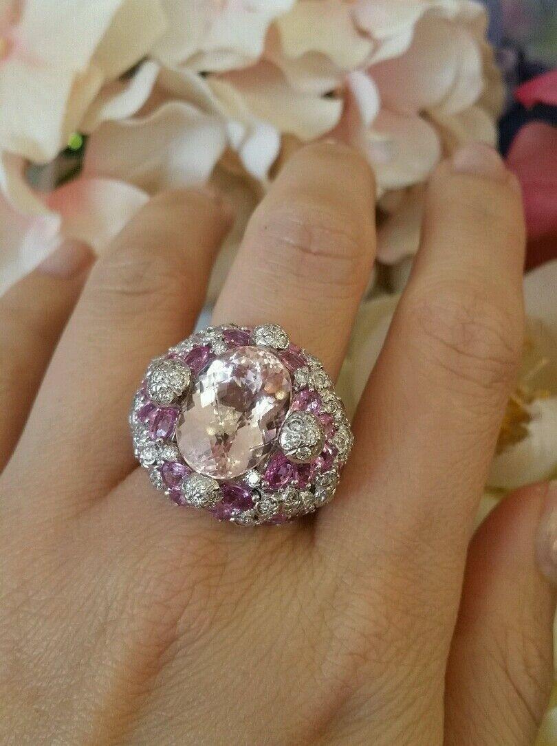 Oval Cut 15.15 carat Kunzite, Pink Sapphire and Diamond Cocktail Ring in 18k White Gold For Sale