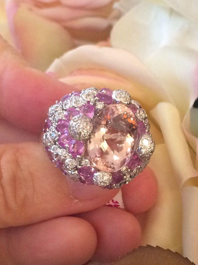15.15 carat Kunzite, Pink Sapphire and Diamond Cocktail Ring in 18k White Gold In Excellent Condition For Sale In La Jolla, CA
